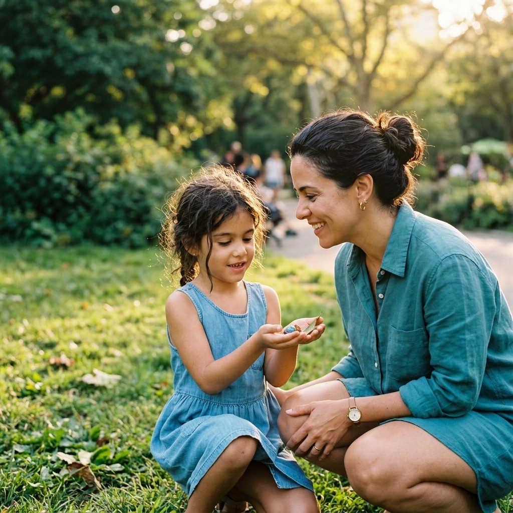 Uma mulher agachada mostra atenção a uma menina que lhe apresenta algo pequeno, em um parque ao fim da tarde