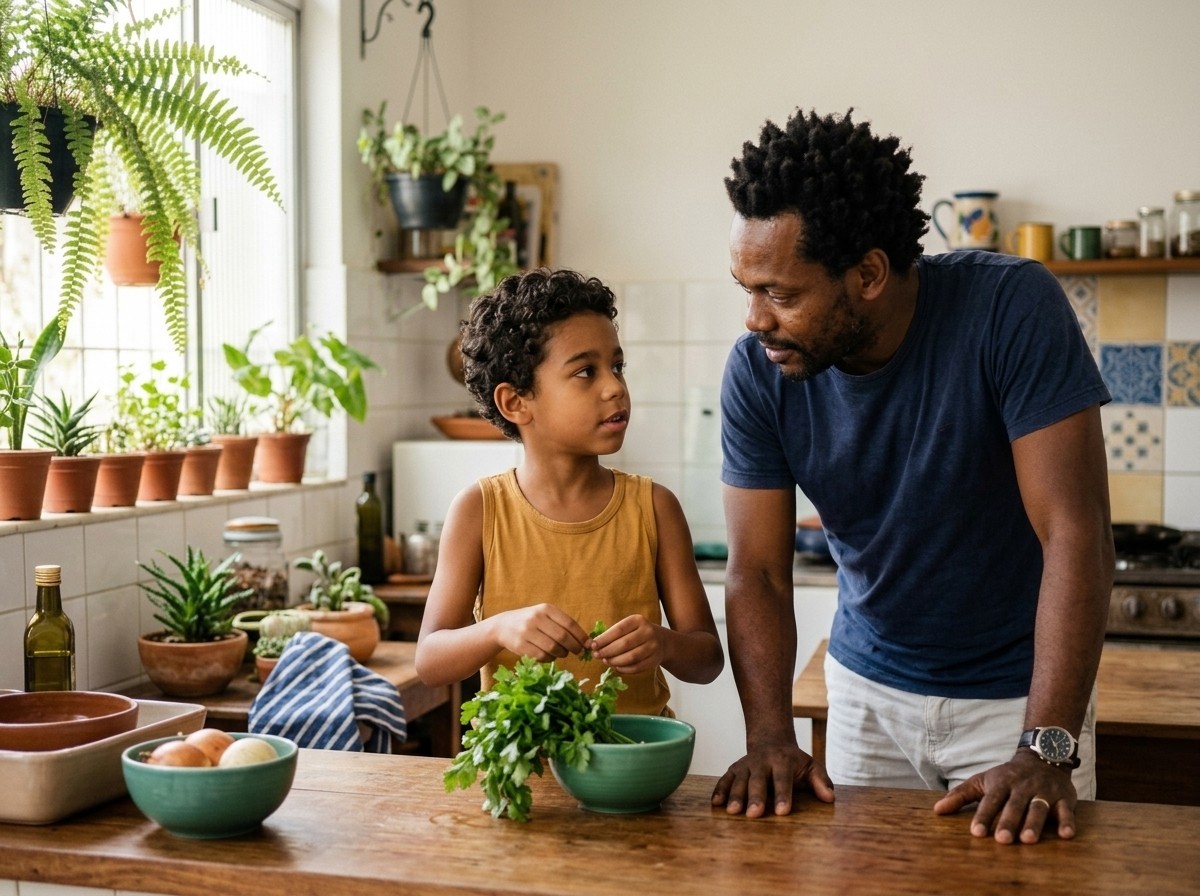 Um pai ouve o filho com atenção enquanto o menino separa folhas de salsa em uma cozinha com plantas