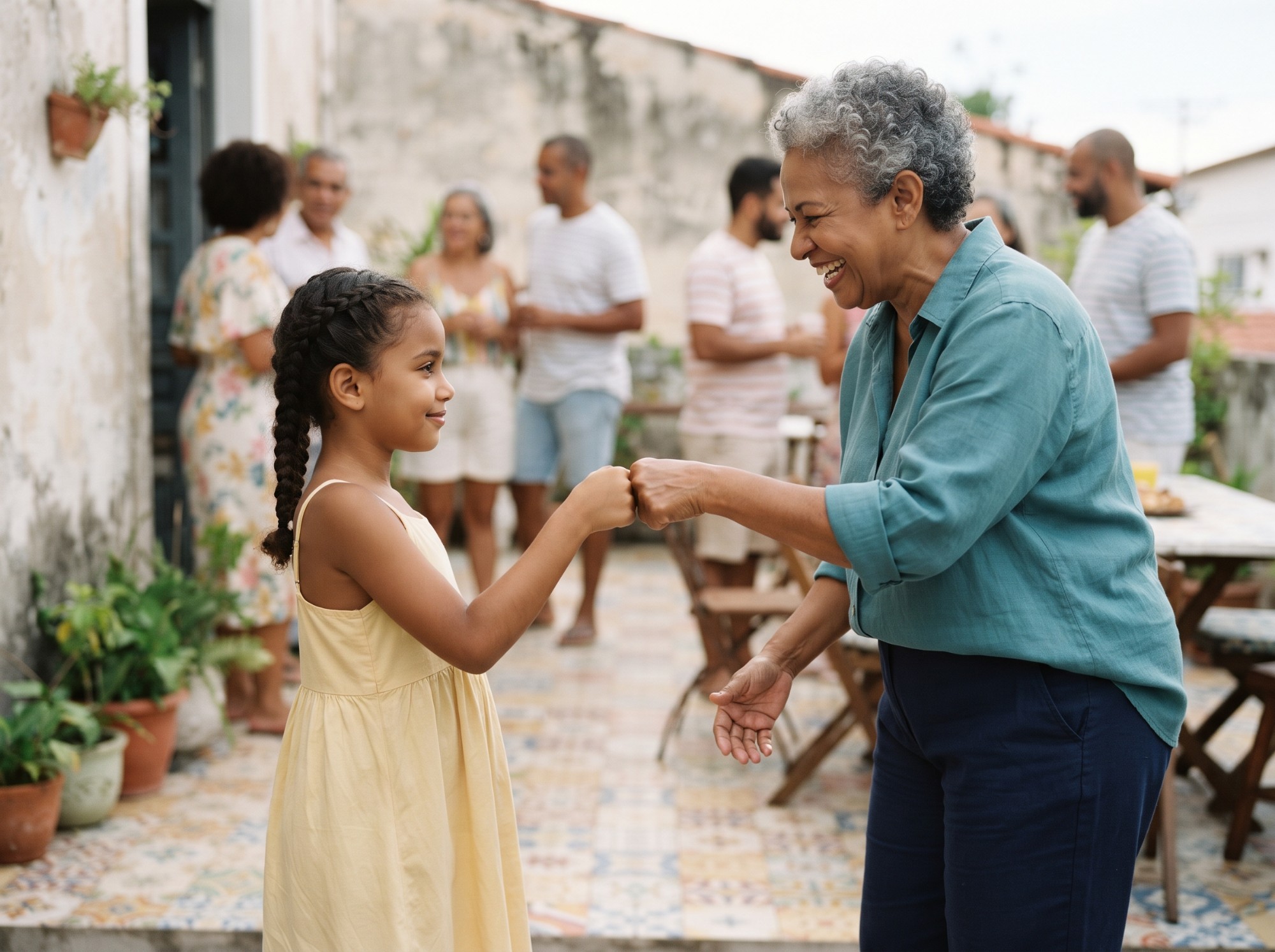 Uma menina oferece um toque de punhos à avó, que aceita sorrindo, em uma reunião de família