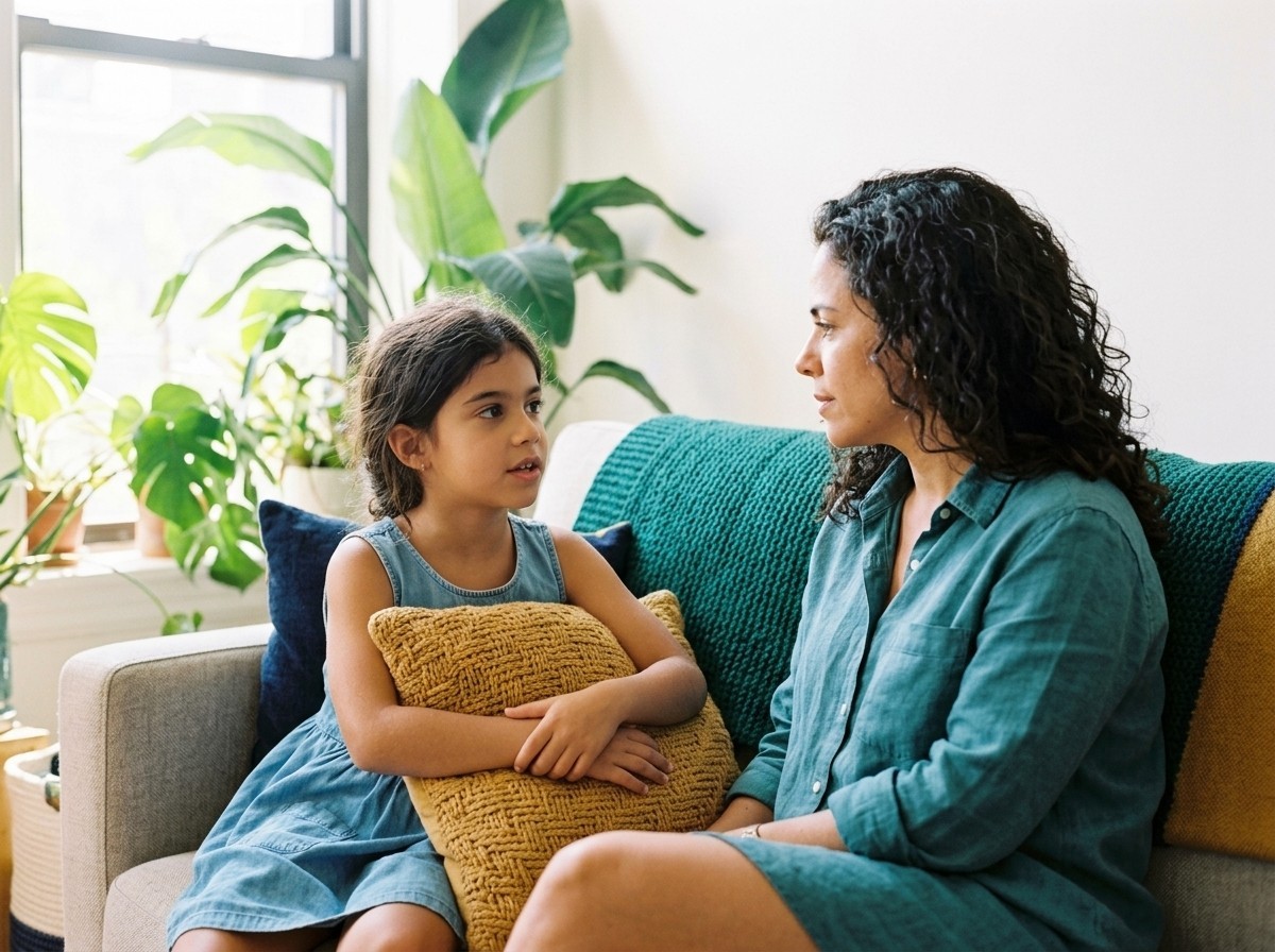 Uma menina conta algo à mãe, que a escuta com atenção, no sofá de casa