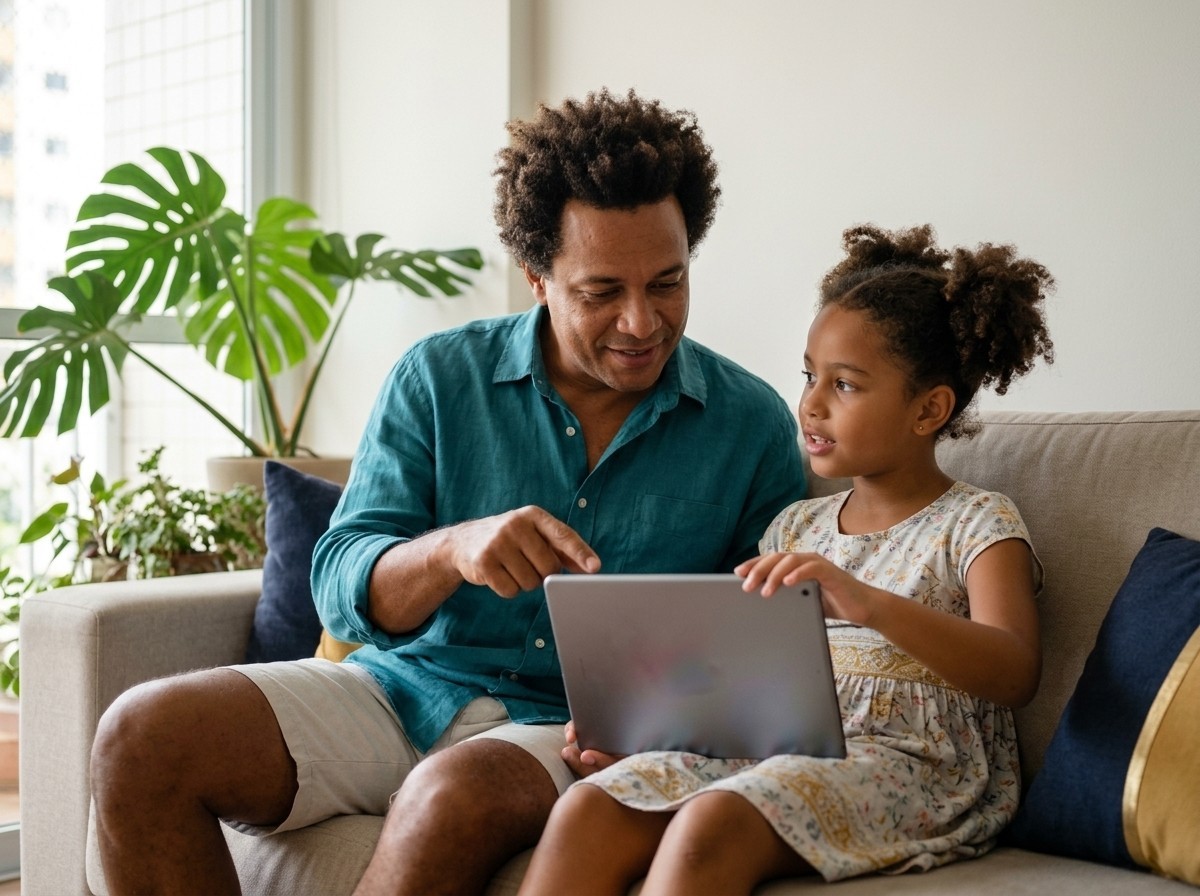 Um pai e sua filha olham juntos para um tablet, no sofá da sala