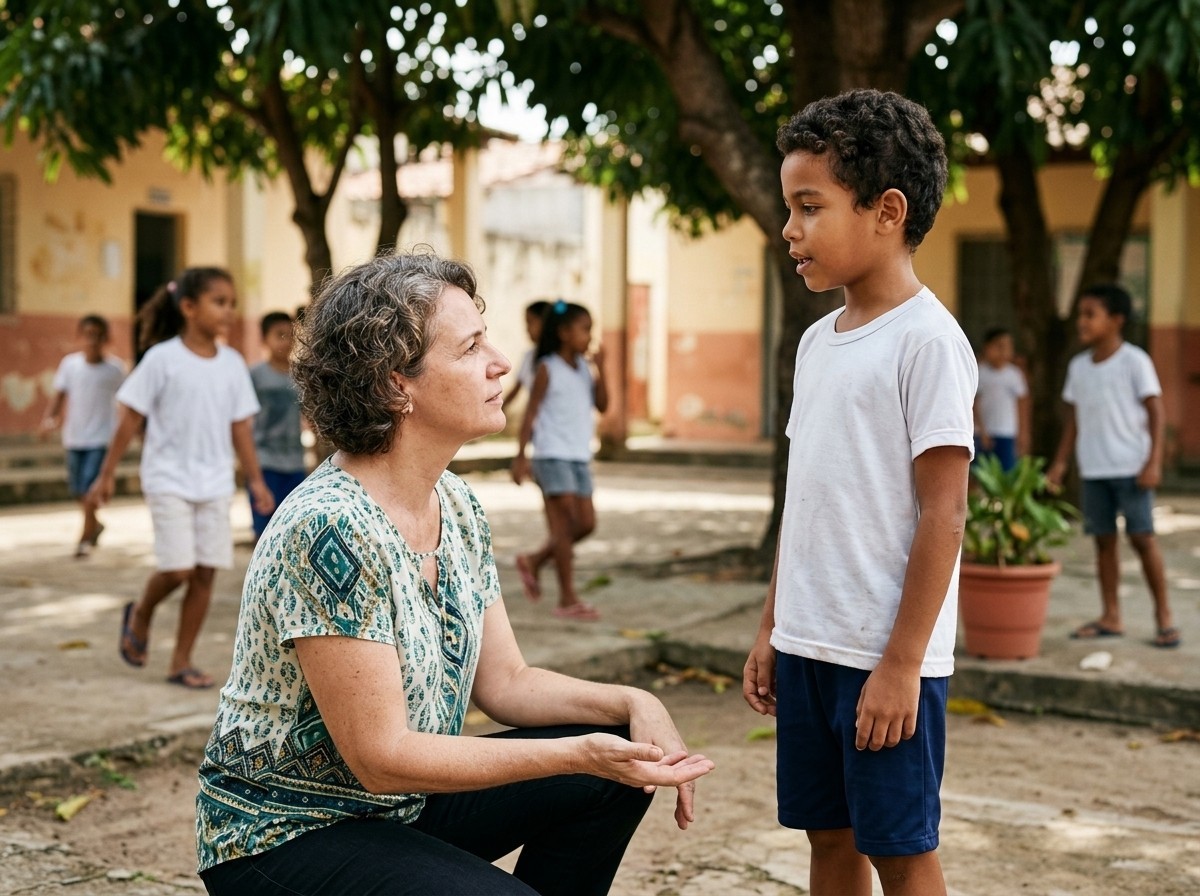 Uma professora agachada escuta um menino no pátio da escola