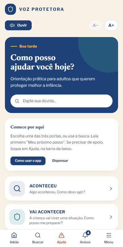 Tela inicial do app VOZ PROTETORA no celular