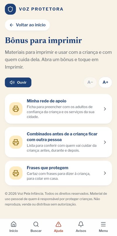 Área Bônus para imprimir dentro do app Voz Protetora