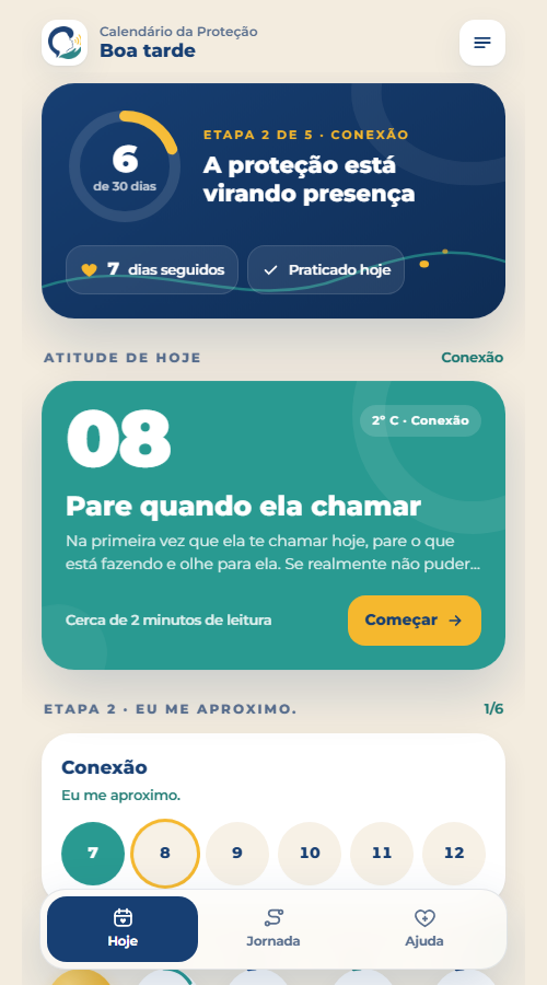 Tela do dia no app Calendário da Proteção no celular
